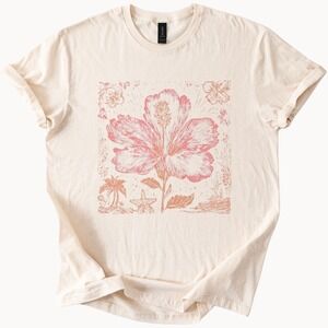 Tropical Hibiscus Graphic Tee Botanical Woodcut Style Natural
